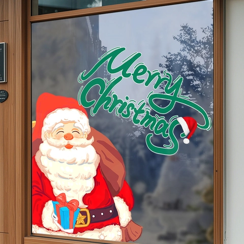 Santa Claus Christmas Window Cling Sticker Static PVC Glue Free Double Sided Color For Glass Door Shop Home Decor