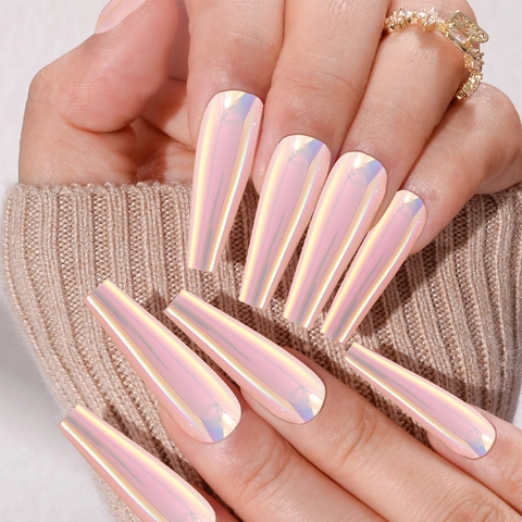 Uñas Postizas Press On Largas Ataúd Rosa Aurora Cromo Espejo Iridiscente Manicura De Cobertura Completa