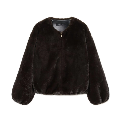 Chaqueta Bomber De Piel Sintética Para Mujer Cuello Redondo Cremallera Color Sólido Chaqueta Corta Holgada Mangas Linterna