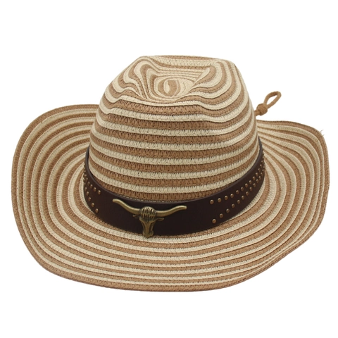 Western Cowboy Straw Hat Striped Wide Brim Sun Beach Hat With Faux Leather Band Metal Bull Head Rivet Decor For Women Men