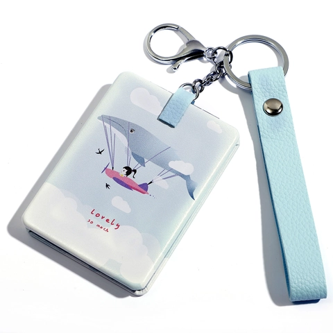 Portachiavi Con Specchio Pieghevole Cartone Animato Portatile Pelle PU Quadrato Specchio Da Trucco Compatto Per Viaggi Illustrazione Carina
