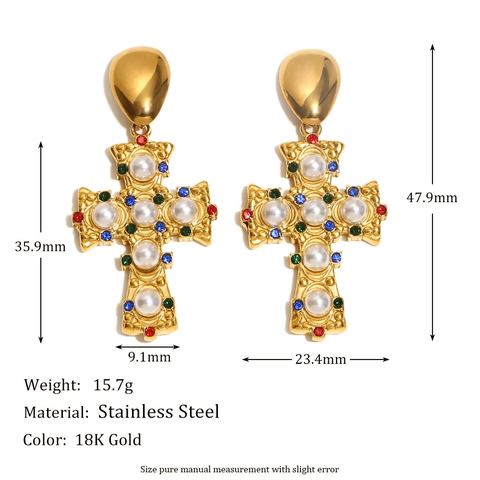 Σκουλαρίκια Σταυρός Baroque Vintage Επιχρυσωμένα 18K Ανοξείδωτο Ατσάλι Με Ψεύτικα Τεχνητά Μαργαριτάρια Και Πολύχρωμα Στρας