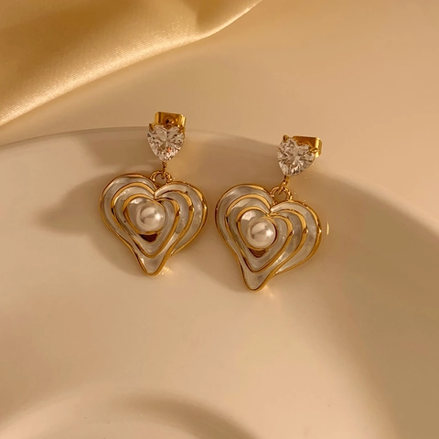 Edelstahl Herz Ohrringe Mit Zirkon Und Kunstperle Vintage Mehrlagig Asymmetrisch Französischer Stil Schmuck Für Damen