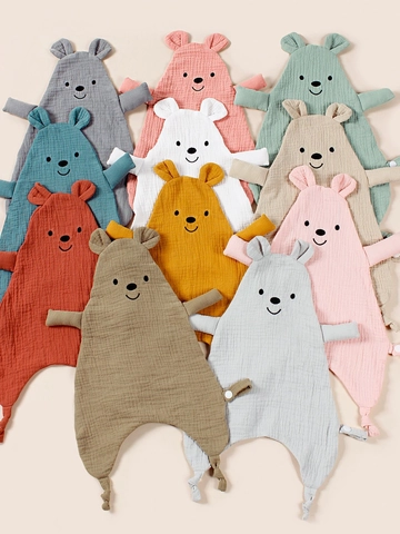 Baby Soothing Blanket Cotton Muslin Embroidered Bear Comfort Towel Soft Breathable Snuggle Security Blanket With Pacifier Loop Infant