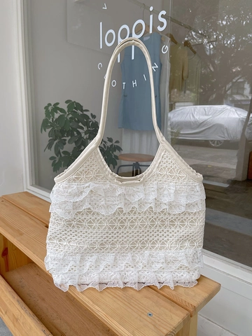 Dames Schoudertas Kant Haakwerk Grote Capaciteit Ruches Tote Franse Stijl Zomervakantie Beige Handtas