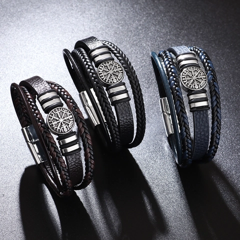Men Multi-layer Woven PU Leather Bracelet Viking Compass Vegvisir Symbol Alloy Stainless Steel Magnetic Clasp Punk Retro Nordic