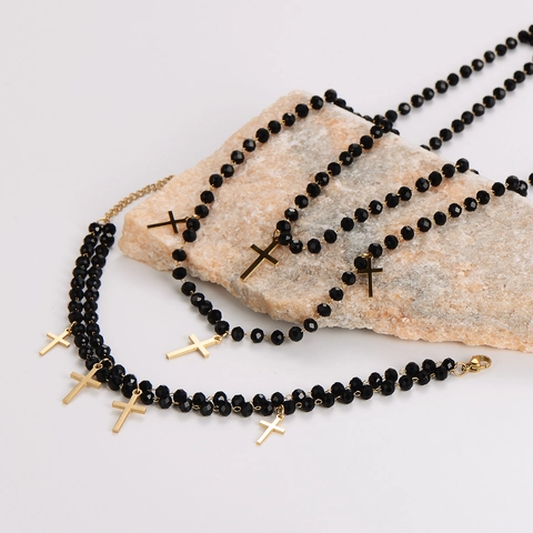 Collar Y Pulsera De Rosario Colgante De Cruz Cuentas De Vidrio Negras Joyería De Acero Inoxidable Chapado En Oro 18K Para Mujer
