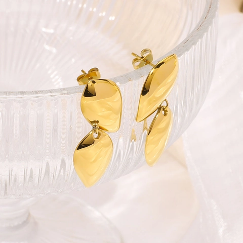 Double Layer Leaf Teardrop Earrings 18K Gold Plated Stainless Steel Polished Geometric Minimalist For Women