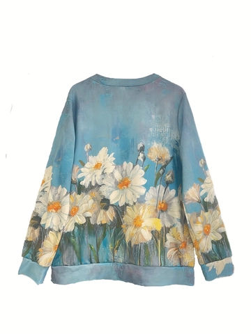 Damen Pullover Sweatshirt Polyester Elasthan Halber Reißverschluss Gänseblümchen Blumendruck Langarm Locker Lässig Vintage Top