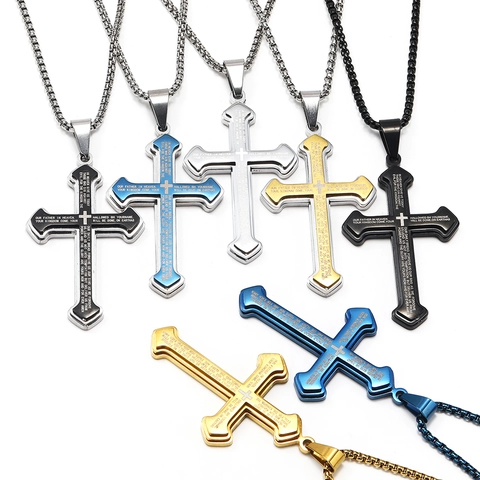 Collier Pendentif Croix Acier Inoxydable Gravé Notre Père Verset Biblique Bijou Religieux Pour Hommes Garçons
