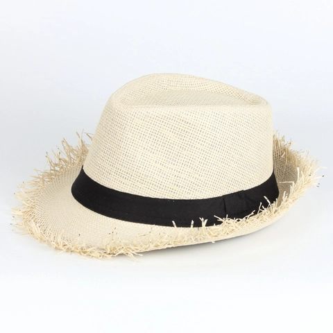 Stroh Fedora Hut Gefranster Rand Gewebter Sommer Sonnenschutz Strand Jazz Kappe Mit Schwarzem Band