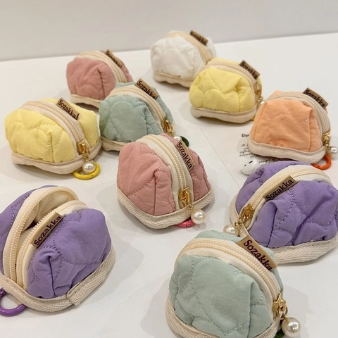 Kawaii Quilted Heart AirPods Case Soft Cotton Mini Storage Bag With Pearl Pendant Macaron Color Portable Earphone Pouch For Women