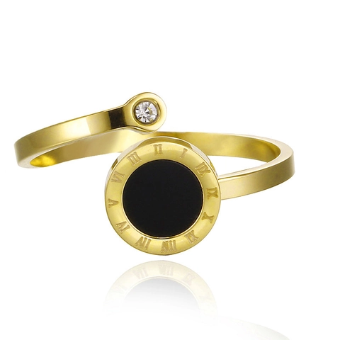 Fashion Titanium Steel Roman Numerals Open Ring For Women Refined Gold Plated Rhinestone Adjustable Finger Ring Jewelry Accessory Gift