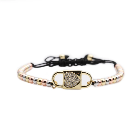 Multicolor Copper Beaded Bracelet Heart Shaped Micro Pave Zircon Lock Pendant Adjustable Black Rope Unisex Jewelry