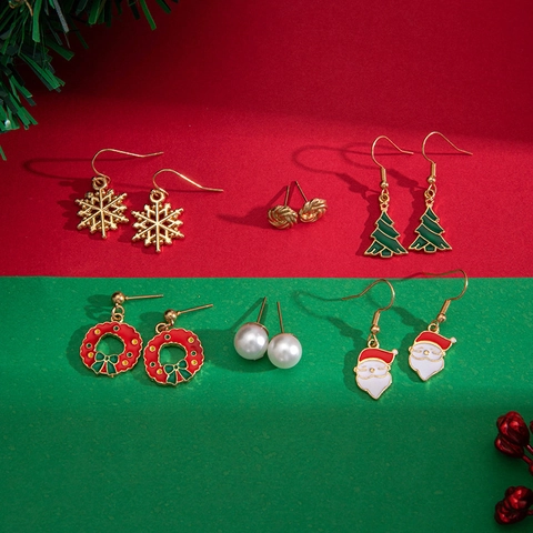 Pendientes De Navidad Aleación Esmalte Perla Artificial De Imitación Papá Noel Copos De Nieve Reno Joyería Festiva Para Mujeres
