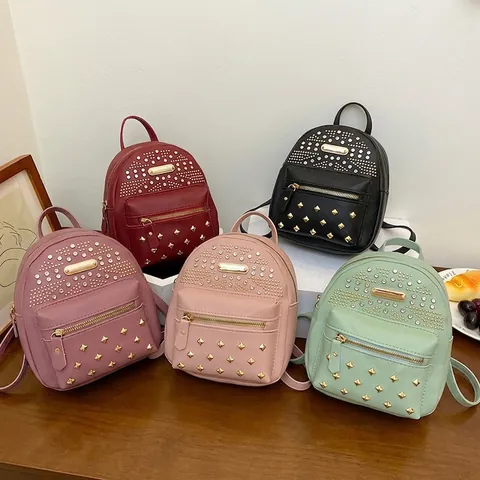 Mini Sac À Dos Femmes Cuir PU Punk Rivet Doré Strass Port Casque Street Trendy Casual Sac À Dos