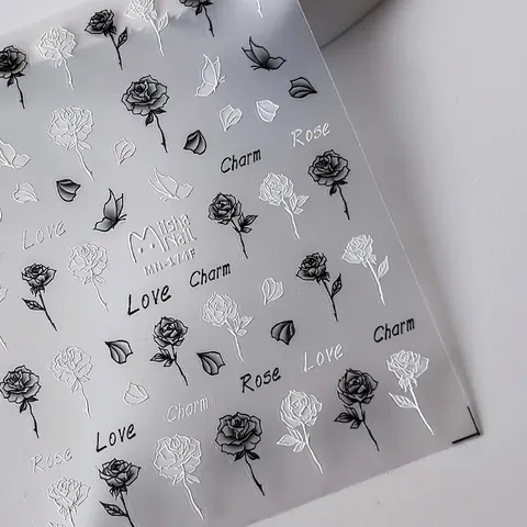Autocollants Ongles Relief 3D Rose Noir Blanc Papillon Adhésifs Décalcomanies Manucure DIY Décoration