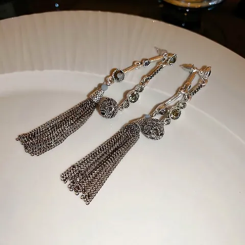 French Vintage Detachable Tassel Earrings With Rhinestone And Silver Earring Post For Women Elegant Antique Silver Jewelry