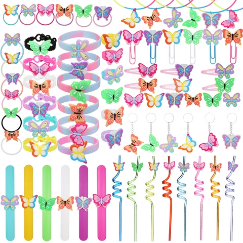 Butterfly Party Favors Kids Jewelry Gifts Butterfly Rings Bracelets Hair Clips Necklaces Keychains Straws For Birthday Party