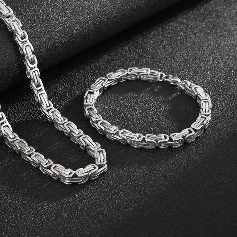 Ketting En Armband Byzantijnse Schakel Roestvrij Staal Punk Hip Hop Dikke Vierkante Schakel Voor Mannen Zilver Kleur