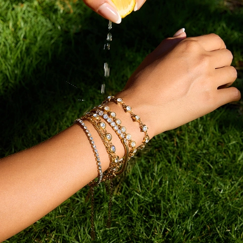 Pulsera De Moda De Acero Inoxidable Con Circonita Chapada En Oro Joyería Impermeable Para Mujer Ajustable Minimalista
