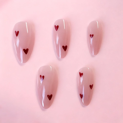 Press On Nails Pink Almond Fake Nails With Red Heart Design Glossy ABS Artificial Nails For Women Valentine Day Style