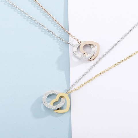 Minimalistische Ineinandergreifende Herz Kreis Anhänger Halskette Edelstahl Straß Zwei Ton Doppel Ring Schmuck Für Damen