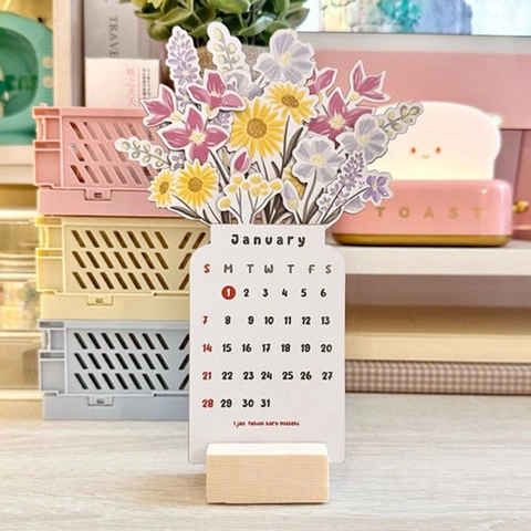 Calendrier De Bureau 2025 Bloomy Flowers Avec Socle En Bois Décoration De Planificateur Mensuel En Papier Floral