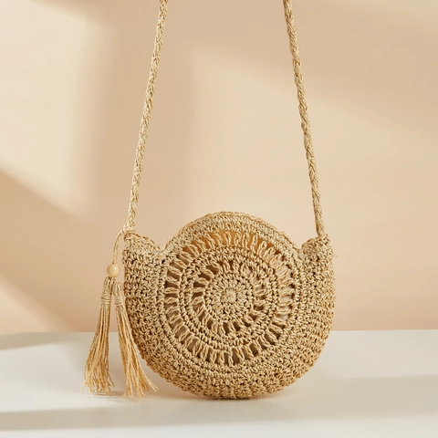 Round Straw Woven Crossbody Bag With Tassel And Wood Beads Summer Beach Holiday Bohemian Style Pastoral Handwoven