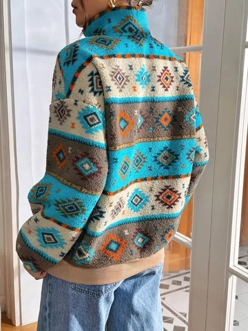 Women Aztec Geometric Print Sherpa Fleece Sweatshirt Half Zip Stand Collar Ethic Bohemian Pullover Long Sleeve Casual