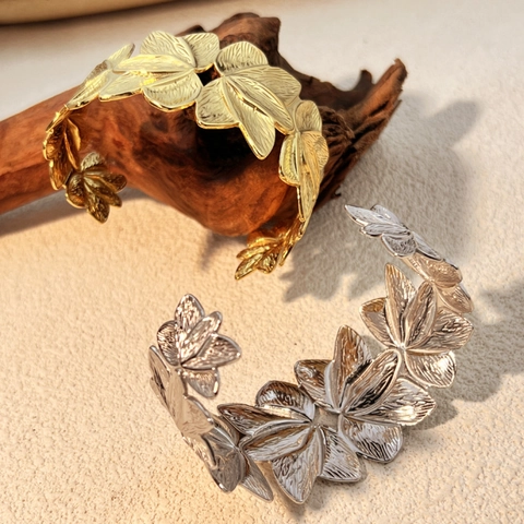 Vintage Edelstahl Blatt Offener Armreif Armband Für Damen 18K Gold Silber Plattiert Botanisch Strukturiert Handschmuck