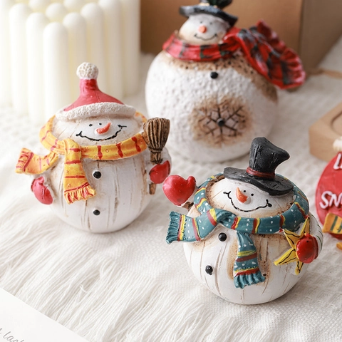 Décorations De Noël Vintage En Résine Père Noël Bonhomme De Neige Miniature Décor De Table Texture Bois Fête Maison