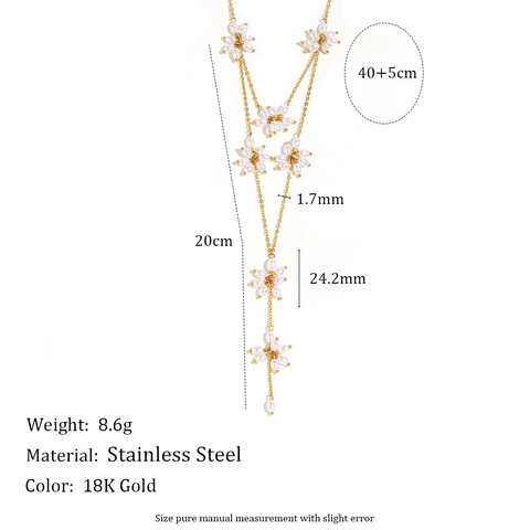 Stainless Steel Flower Lariat Necklace 18K Gold Plated Woven Imitation Artificial Pearl Tassel Y Shape Elegant Niche For Women