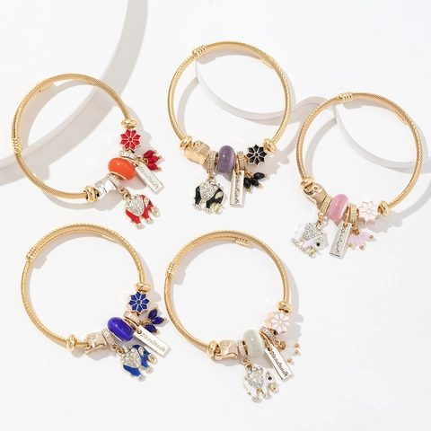 Bracciale Rigido Regolabile Acciaio Inossidabile Lega Perle Di Cristallo Strass Elefante Ciondoli Fiori Stile Etnico Donne