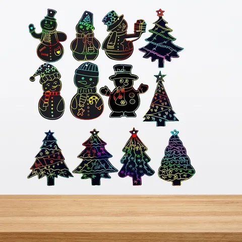Christmas Rainbow Scratch Art Paper Kids DIY Cardboard Drawing Toys With Wood Stylus Ribbons Holiday Decoration Tags
