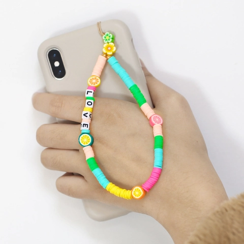 Bunter Polymer Ton Handy Lanyard Gurt Charme Frucht Blume Harz Perlen Liebe Brief Armband Für Frauen Böhmen Stil
