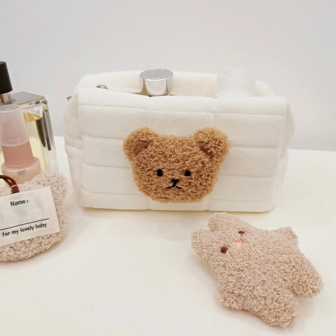 Cute Bear Embroidered Pencil Case Plush Flannel Quilted Makeup Bag Zippered Multi-purpose Storage Pouch Students Women