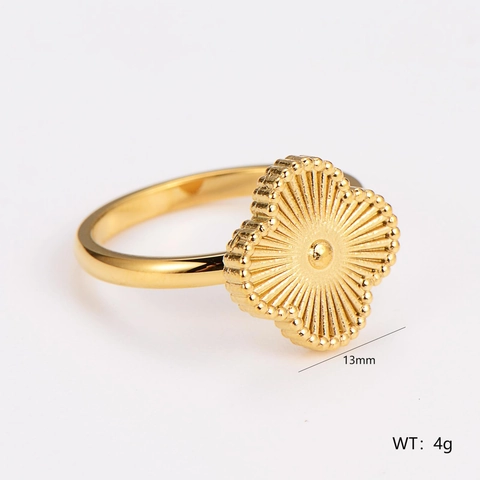 Kleeblatt Ring 304 Edelstahl 18 Karat Vergoldet Guilloche Sonnenstrahl Muster Perlenrand Vintage Damen Schmuck
