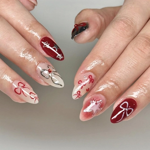Press On Nagels Amandelvorm Glanzend Rood Roze Zilver Strik Ster Ontwerp Zoete Kunstnagels Voor Dames