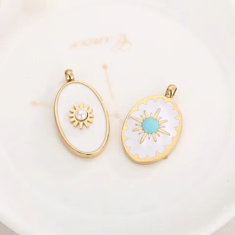 Stainless Steel Oval Pendants Gold Plated Enamel Sunburst With Artificial Pearl And Turquoise For DIY Jewelry Making Necklace