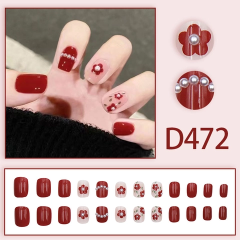 Wine Red Camellia Press On Nails Artificial Pearls Elegant Square Shape Detachable Fake Nails