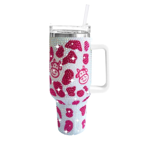 Rhinestone 304 Stainless Steel Insulated Tumbler Cow Print Travel Mug With Handle And Straw Bling Car Cup Vacuum Flask