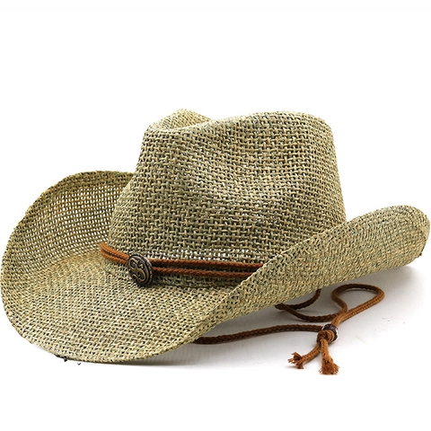 Western Cowboy Straw Hat Wide Brim Paper Sunshade With Brown Rope Band And Retro Metal Buckle Windproof String Beach