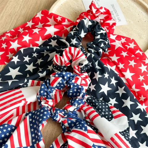 Patriotic American Flag Scrunchies Scarf Tail Bow Hair Ties Independence Day Red White Blue Satin Fabric Party Accessories