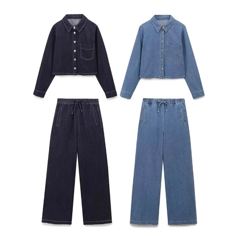 Camicia In Denim Con Bottoni Da Donna E Pantaloni A Gamba Larga Con Coulisse Vita Alta Top Corto A Maniche Lunghe Casual