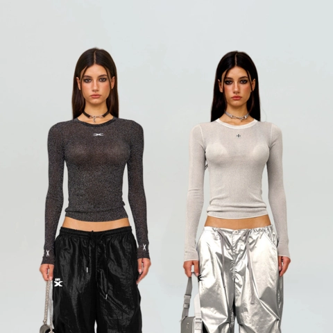Kurzes Strickoberteil Damen Langarm Slim Fit Rundhals Sternenglitzer Metallische Textur Y2K Streetwear Dünner Pullover