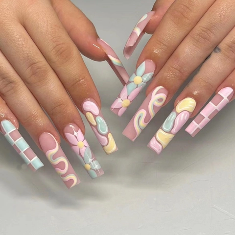 Press On Nails Lang Sarg Macaron Pastell Floral Karo 3D Geprägt Künstliche Nägel Süßer Stil Für Frauen