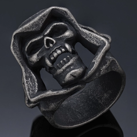 Gothic Hooded Skull Ring Stainless Steel Distressed Retro Biker Punk Hip Hop Finger Ring For Men Women