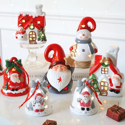 Weihnachts LED Keramik Ornamente Weihnachtsmann Schneemann Gnom Hängende Glocke Schneehaus Feiertag Tischdeko