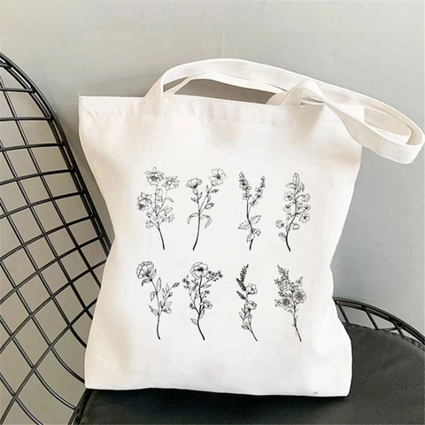 Aesthetic Floral Print Canvas Tote Bag Botanical Herb Illustration Shoulder Handbag Harajuku Style Shopping Bag For Women